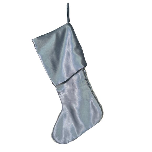 Elegant Blue Satin Christmas Stocking With Pearl & Bead Snowflake Design - Picture 4 of 4